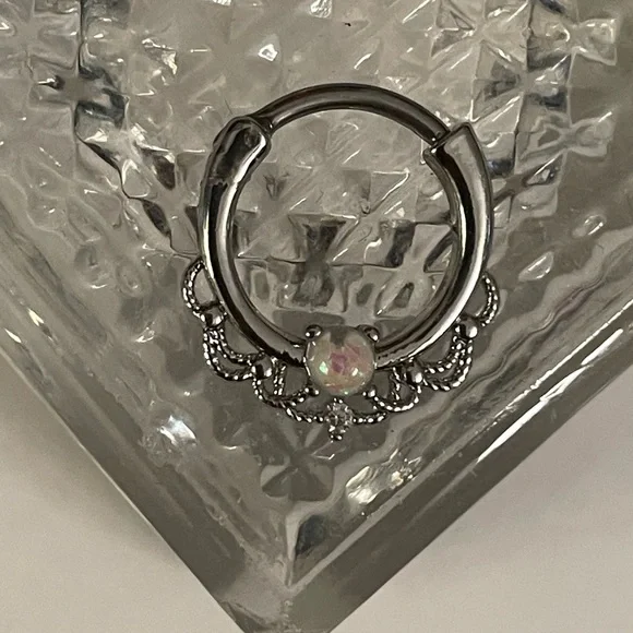 16G Opal & CZ Surgical Steel 10mm Single Hoop Septum/ Daith Clicker NWT - Picture 4 of 11